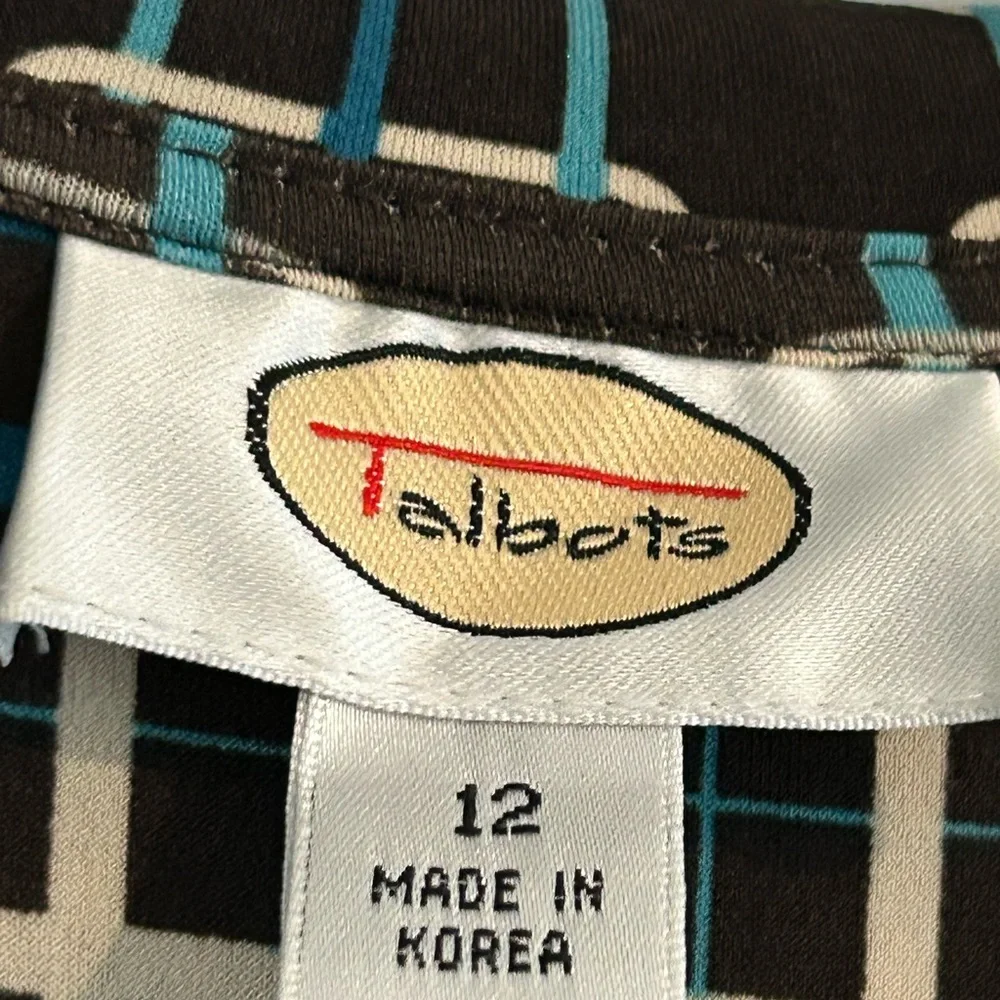 Talbots Wrap Dress Black Blue Geometric Print Size 12
